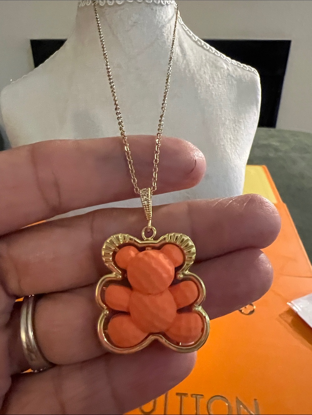 Gold Teddy Bear Pendant Necklace with Orange Inlay